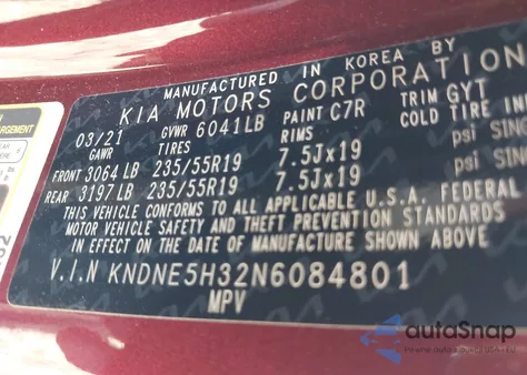 2022 Kia Carnival Mpv Sx z USA, uszkodzony, nr VIN KNDNE5H32N6084801